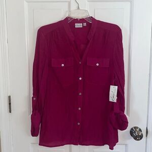 Kim Rogers button up blouse with roll tab sleeves size L